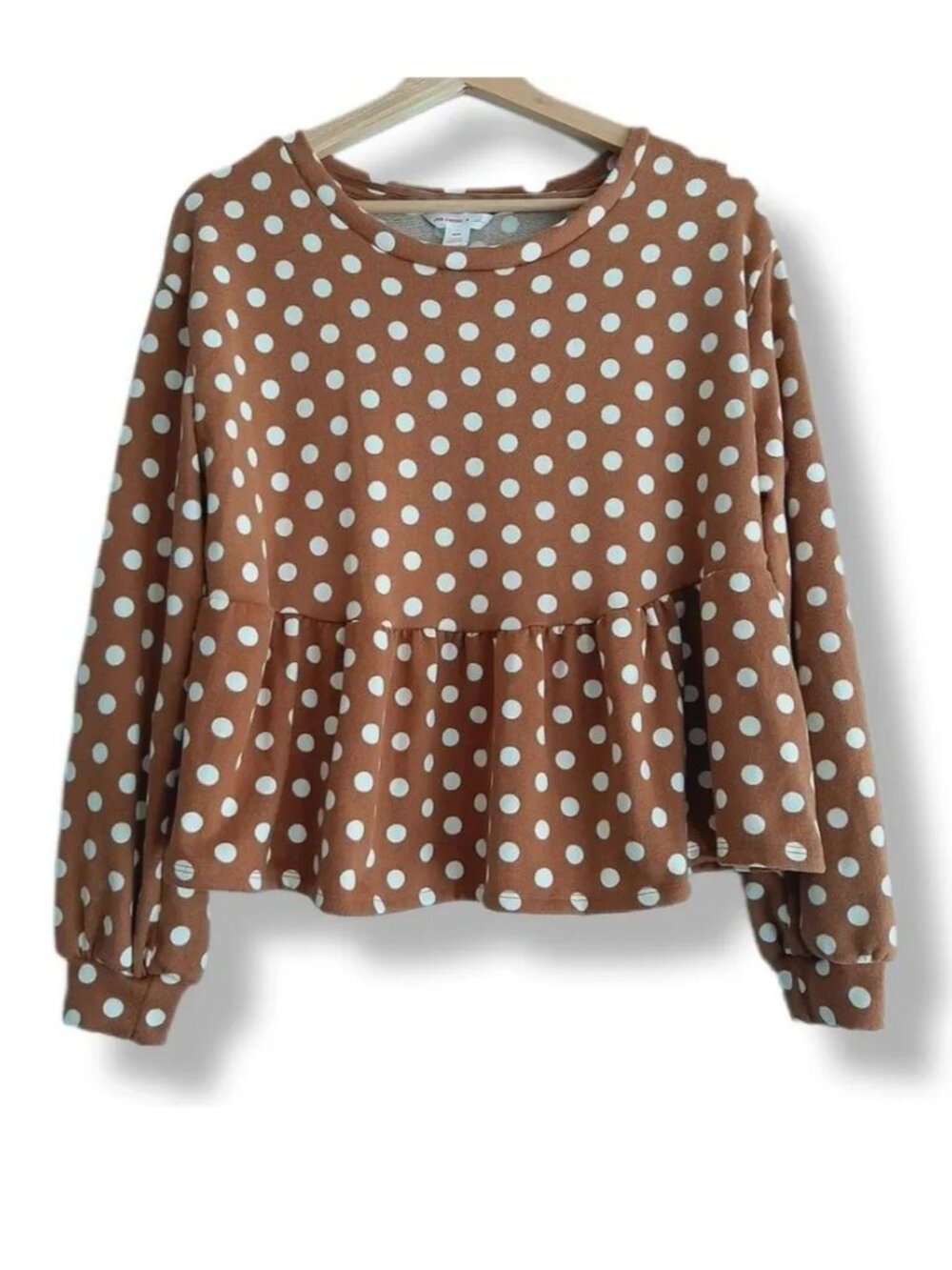 JOE FRESH X JILLIAN HARRIS Crewneck Peplum Sweater Top Polka Dot Brown Tan Sz M